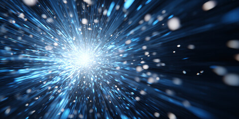 New Year's abstract background with glowing rays and confetti explosion. Blue and white color palette. Dynamic festive mood.