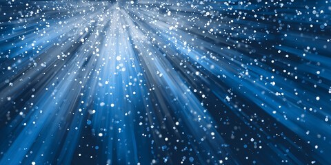 New Year's abstract background with glowing rays and confetti explosion. Blue and white color palette. Dynamic festive mood.