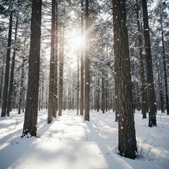 Serene Snowy Pine Forest with Winter Sun Rays
