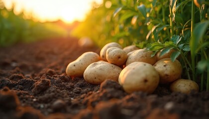 Freshly harvested potatoes on soil. Potatoes are piled on ground in field. Green plants grow beside potatoes. Sun sets in background, shining on potatoes and soil.