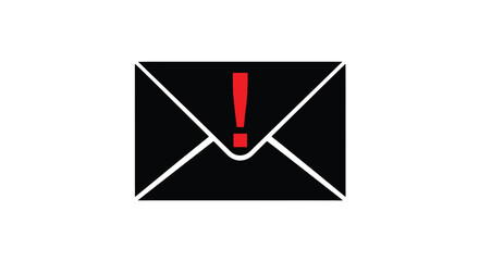 A stark envelope design with a vibrant red exclamation point silhouette