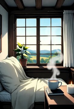 Cozy window seat with a warm drink and a view of rolling hills anime lo-fi backgorund loop video