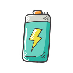 Hand drawn battery icon with lightning bolt energy symbol