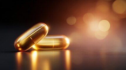 Shiny golden capsules shine on a dark reflective surface. The warm glow creates an inviting atmosphere. Perfect for health and wellness themes. Explore the beauty of supplements. AI