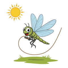 A cartoon dragonfly with large wings and big eyes is flying in the sun, holding a rope.