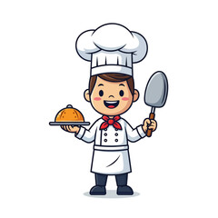 Cartoon chef holding a covered dish and spatula, smiling.