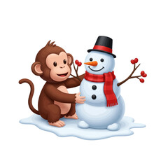 A cute cartoon monkey happily building a snowman with a top hat and red scarf.