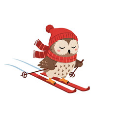 A cute cartoon owl wearing a red hat and scarf skiing down a snowy slope.