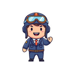 Cartoon pilot character wearing a helmet and uniform, smiling and waving, isolated on white.