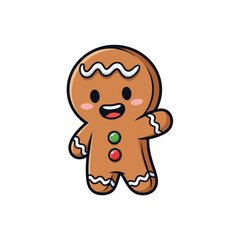 Cute gingerbread man cartoon character waving with a happy expression and candy buttons.