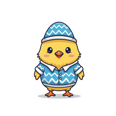Cute chick cartoon wearing a blue hat and sweater.