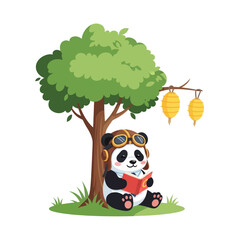 Cartoon panda bear reading a book under a tree with hanging lanterns. © DediGalihWisnumurti