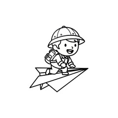 A cheerful cartoon boy with a backpack and hat, riding a paper airplane.
