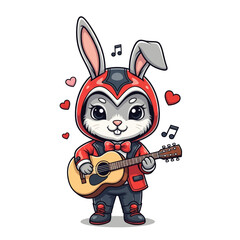A charming cartoon bunny wearing a red outfit, playing an acoustic guitar, surrounded by musical notes and hearts.