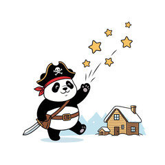A cute cartoon panda dressed as a pirate conjures magic stars in a snowy winter landscape. © DediGalihWisnumurti