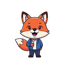 Obraz premium Cartoon fox character wearing a blue jacket and holding a white cup, smiling.