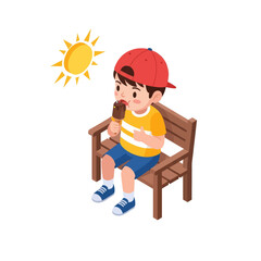 A young boy wearing a red cap sits on a wooden bench and eats a chocolate ice cream bar under the sun.