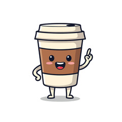 A cute cartoon illustration of a coffee cup with a smiling face and arms, pointing upwards with its index finger.