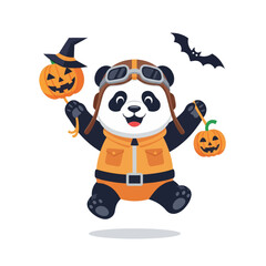 A cute cartoon panda dressed as a pilot, holding two Halloween pumpkins, with a bat flying above, celebrating the holiday. © DediGalihWisnumurti