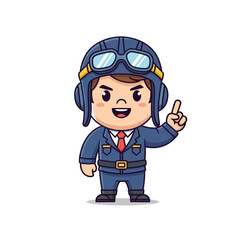 A cute cartoon pilot character in a blue uniform and vintage helmet pointing his finger upwards.