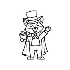 A charming cartoon fox magician, wearing a top hat and cape, holding a cup, waving hello.