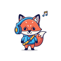 Cute cartoon fox wearing blue headphones and a hoodie, listening to music with a happy expression.