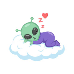Cute green alien baby sleeping peacefully on a soft white cloud with Zzz symbols and a heart, a sweet dream illustration.