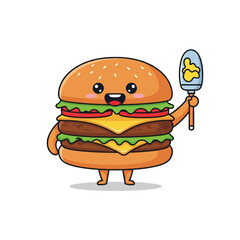 A cute, smiling cartoon double cheeseburger character holding a spatula with mustard.