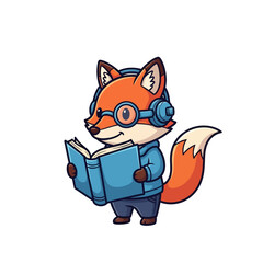 A cute cartoon fox wearing glasses and headphones, dressed in a blue hoodie, standing and reading an open blue book.