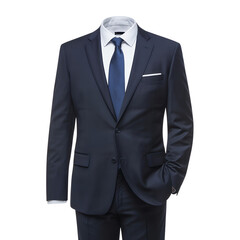 Elegant navy blue business suit with a blue tie ready for a professional presentation, perfect for corporate branding and sophisticated style guides