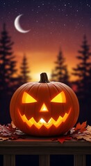 Halloween pumpkin with a spooky face glowing at sunset in a forest setting