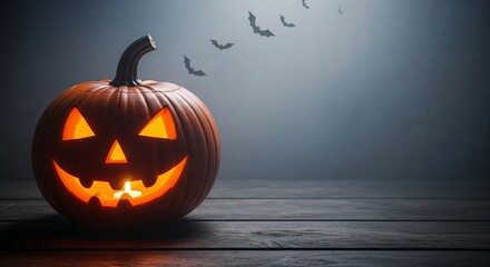 Halloween pumpkin with a smiling face glowing in the dark with bats flying around, copy space
