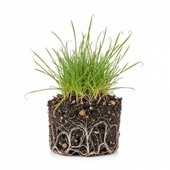 Grass plant with exposed roots taken out of a pot isolated on a white background