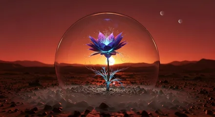 Keuken achterwand Bordeaux A surreal and captivating 3d render of a vibrant flower blooming within a protective glass dome on a desolate alien landscape at sunset  © Sayada