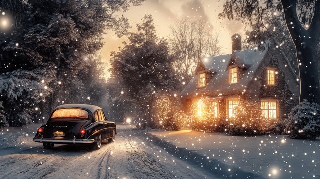 Fototapeta Cozy winter scene with snow covered road vintage car and illuminated house surrounded by trees at dusk