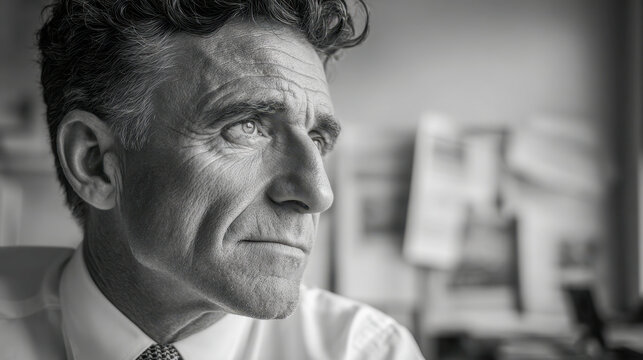 Thoughtful middle-aged man with a contemplative expression looking out of a window in a professional setting with soft natural lighting and subtle background details