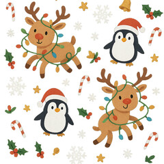 Playful Minimalist Christmas Pattern with Reindeer, Penguins, and Festive Elements on Transparent Background