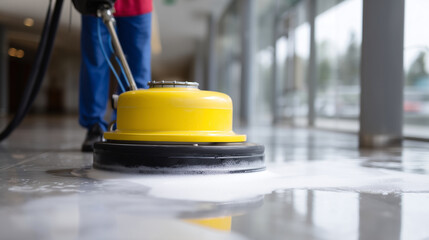 Professional cleaner using industrial floor cleaning machine with soap foam in modern building hygiene, maintenance, and cleanliness concept. floor cleaning, janitor, industrial cl