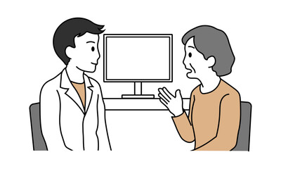 医師に健康相談をするシニア女性のイラスト