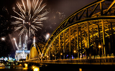 celebrating new year's eve in n Koln, Germany - fireworks around the Cologne cathedral
