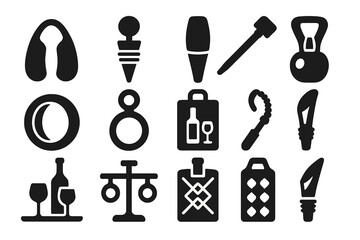 Wine Accessory Icons. Solid style icons of wine accessories: foil cutter, bottle stopper, aerator, wine thermometer, drip ring,