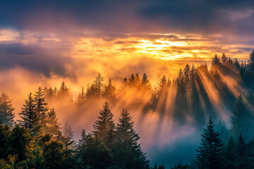 Obraz premium Golden sunlight beams break through morning fog and clouds over a dense forest of tall pine trees in a serene and tranquil natural landscape at dawn