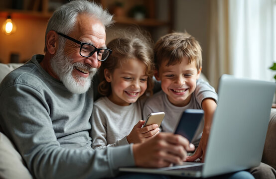 Grandfather with grey hair and beard smiles with two grandchildren on couch. They look at laptop and smartphone together. Family shares happy moment with technology at home.