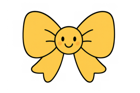 Cute yellow bow featuring a smiling face, symbolizing happiness, celebration, and a playful design. Transparent background