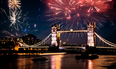 tower bridge with fireworks, celebration of the New Year in London, UK