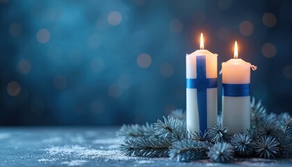 Two white burning candles, one with Finnish flag cross, one with blue stripe, sit on snowy surface. Fir branches surround. Dark blue background features soft bokeh lights. National holiday,
