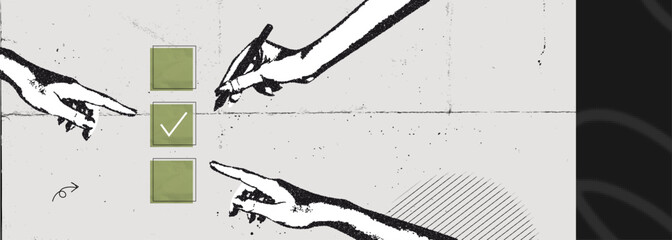 Trendy Halftone Collage Hand with pen and check list. Organized task processing. Project plan. Quality assurance control. Completed to do list banner. Contemporary vector illustration art