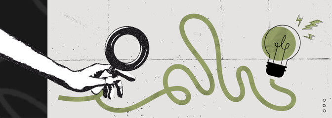 Trendy Halftone Stipple effect Search idea. Hand holding magnifying glass with lightbulb. Creative vision and thinking. Find target. Business insights and solutions. Vintage vector illustration art © accogliente