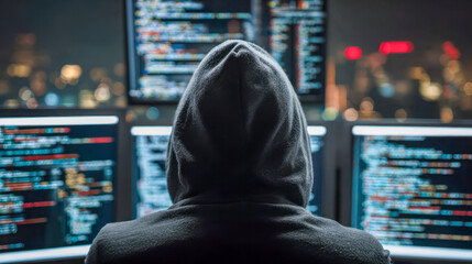 Hacker in a dark room working on multiple computer screens at night