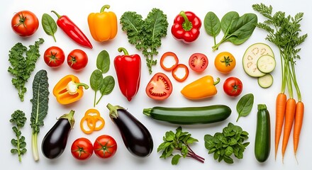 Vibrant assortment of fresh vegetables and greens on a white background